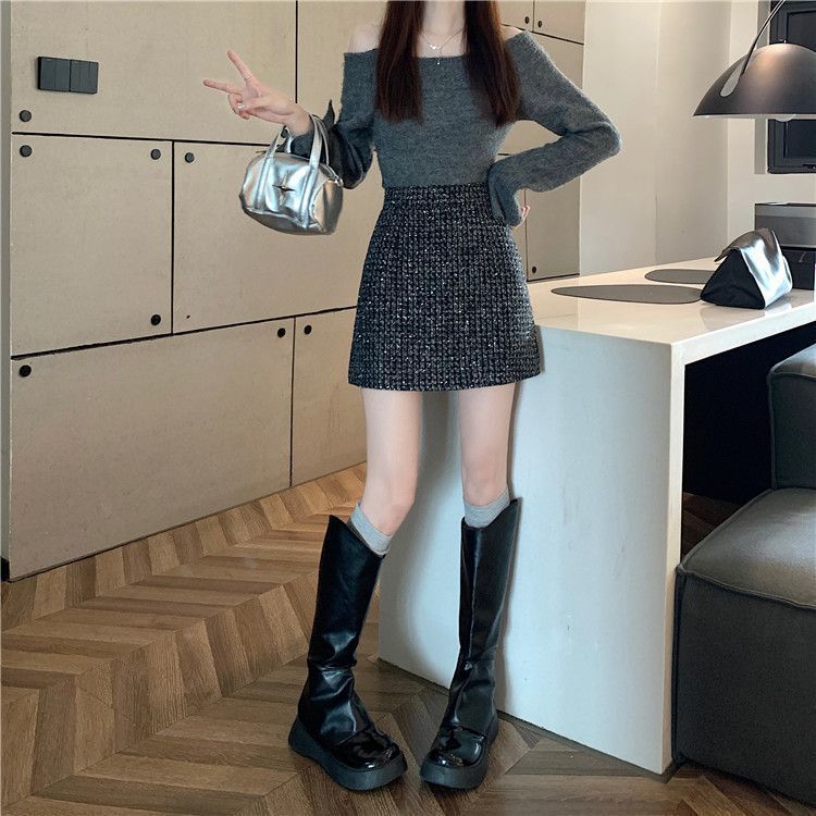 タイトスカート 上品ツイード素材台形ミニタイトスカート
