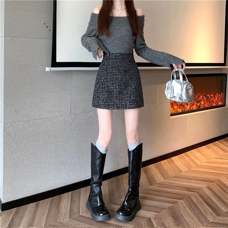 タイトスカート 上品ツイード素材台形ミニタイトスカート