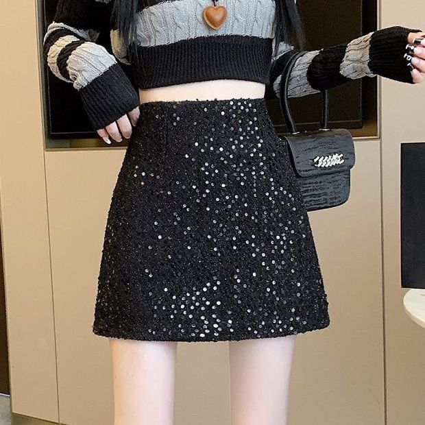 タイトスカート キラキラスパンコール台形ミニスカート