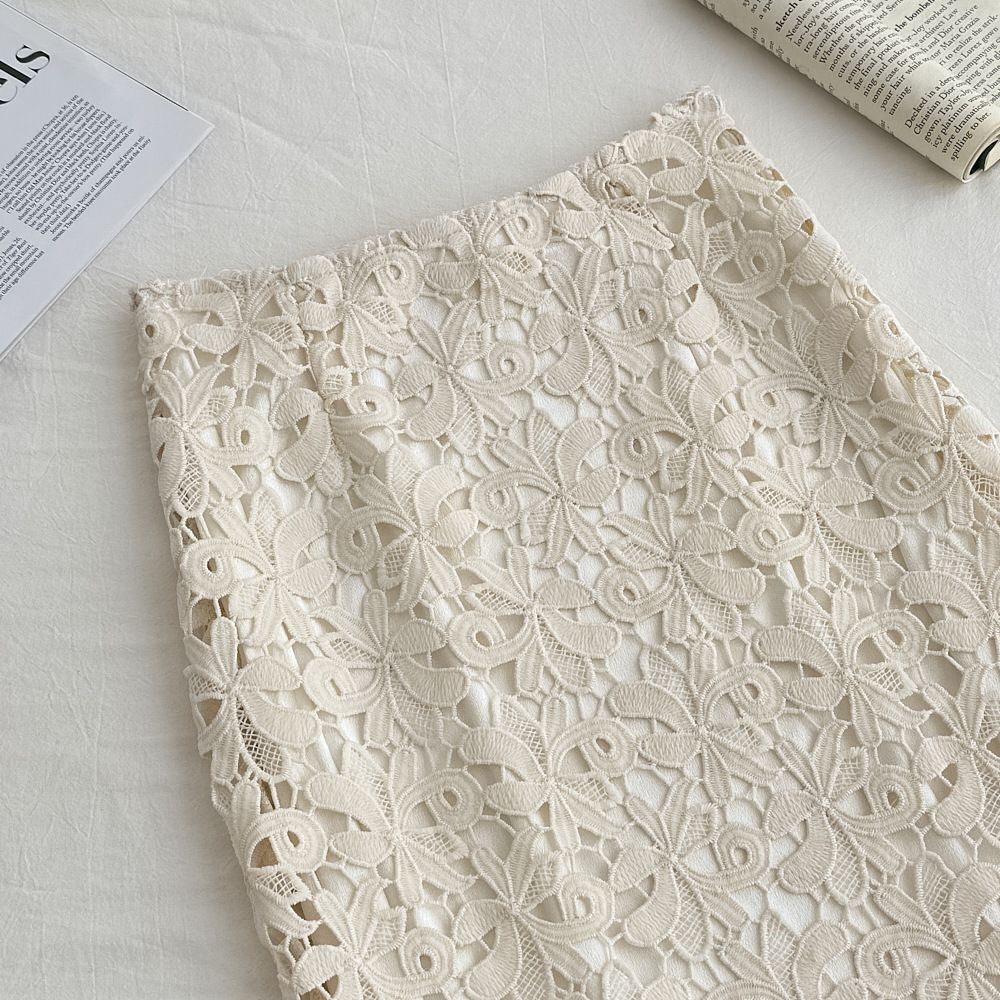 タイトスカート 総レース編み透かし模様マキシ丈タイトスカート