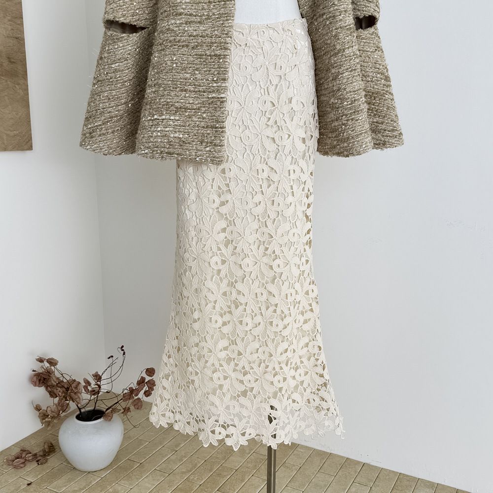 タイトスカート 総レース編み透かし模様マキシ丈タイトスカート