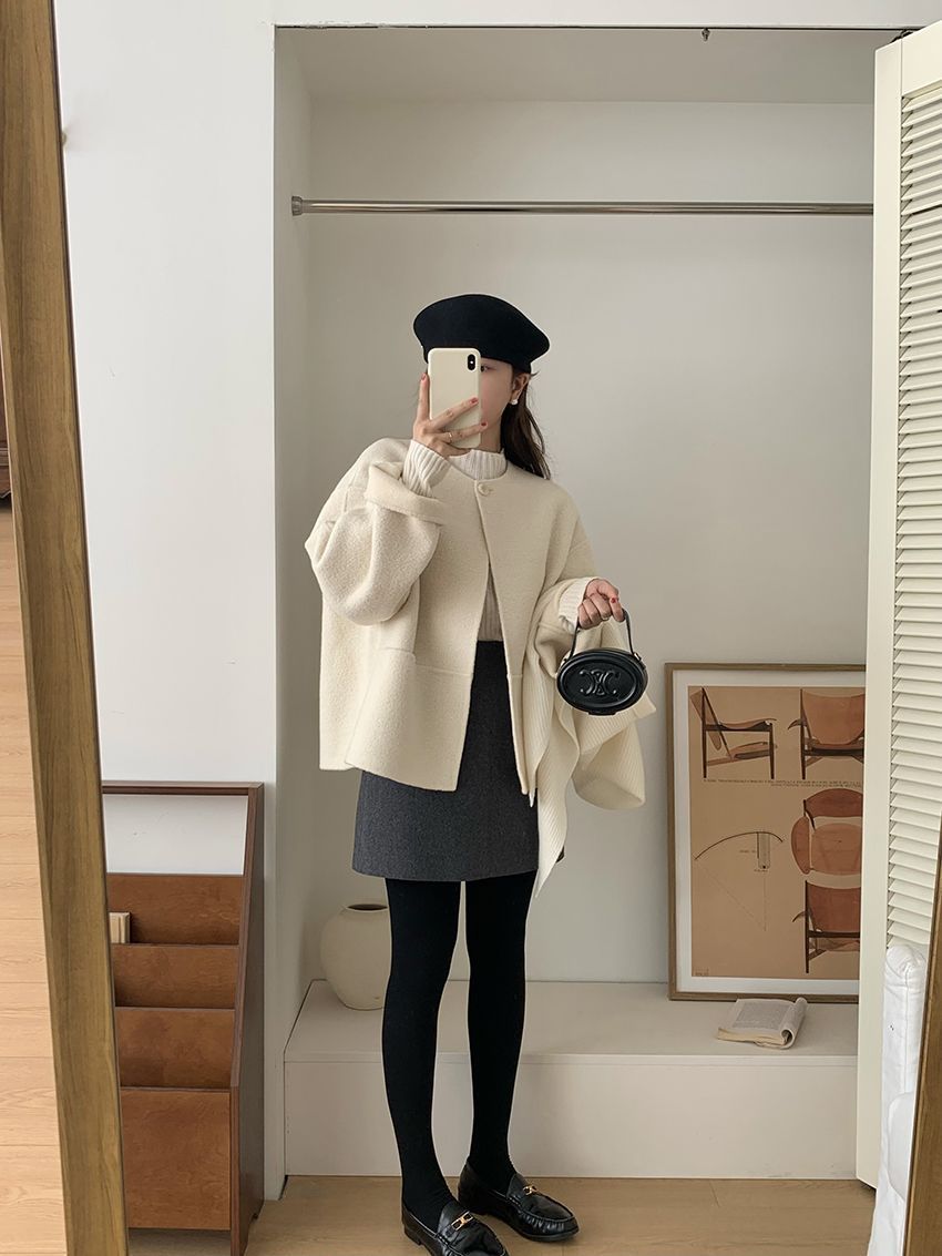 タイトスカート 上品ウール混台形シルエットミニタイトスカート