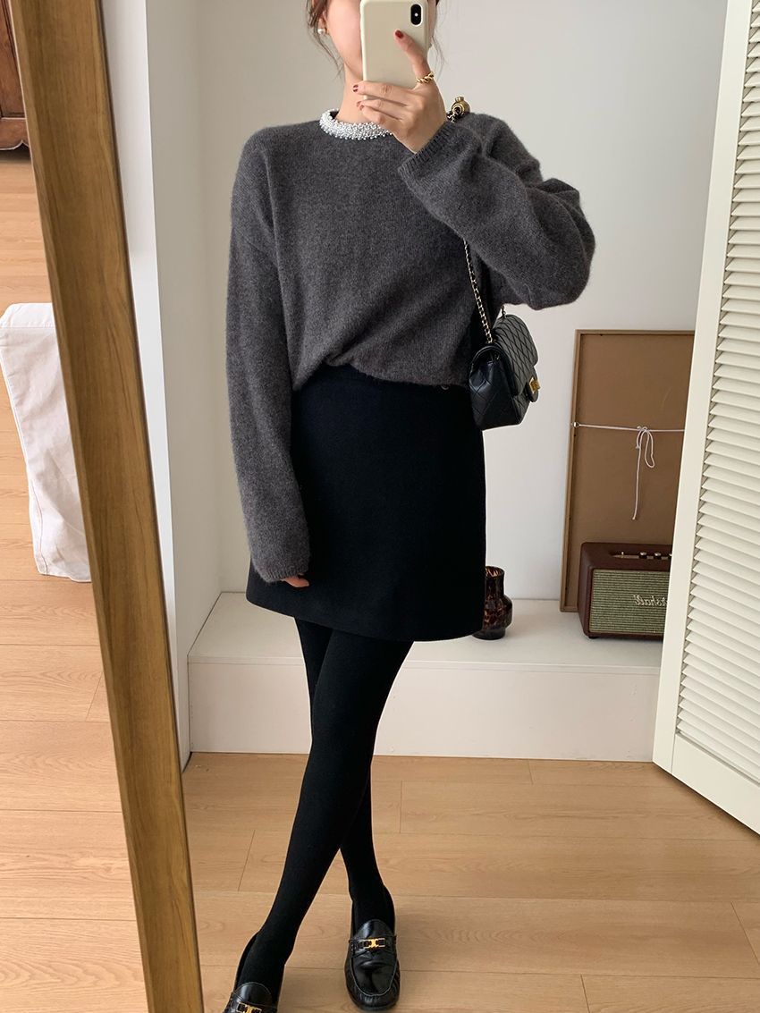 タイトスカート 上品ウール混台形シルエットミニタイトスカート