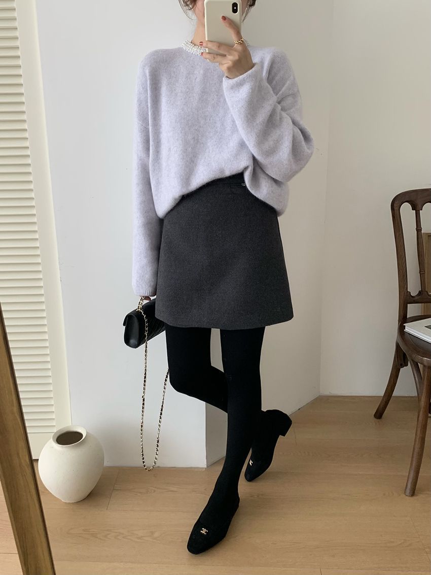 タイトスカート 上品ウール混台形シルエットミニタイトスカート