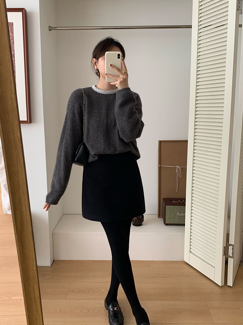 タイトスカート 上品ウール混台形シルエットミニタイトスカート