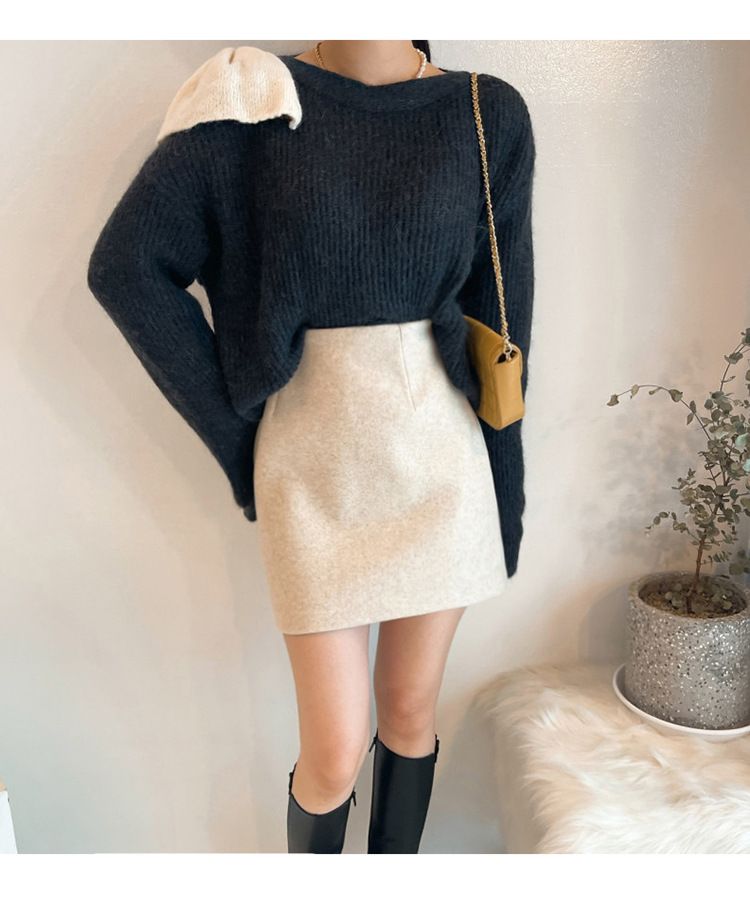 タイトスカート ウール混紡素材のシンプルミニ丈タイトスカート