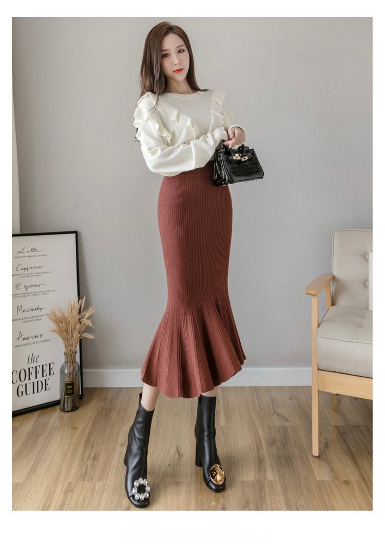 タイトスカート 裾フレアリブニットタイトスカート