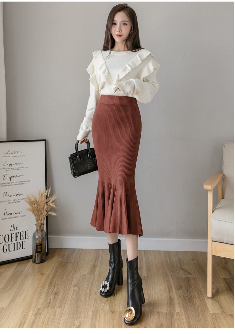 タイトスカート 裾フレアリブニットタイトスカート