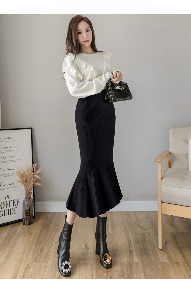 タイトスカート 裾フレアリブニットタイトスカート