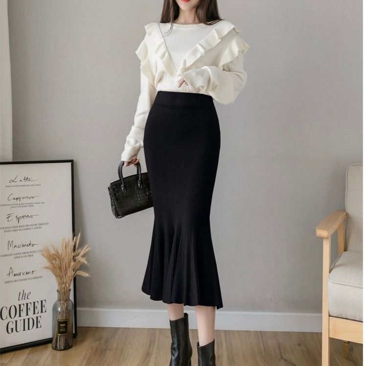 タイトスカート 裾フレアリブニットタイトスカート