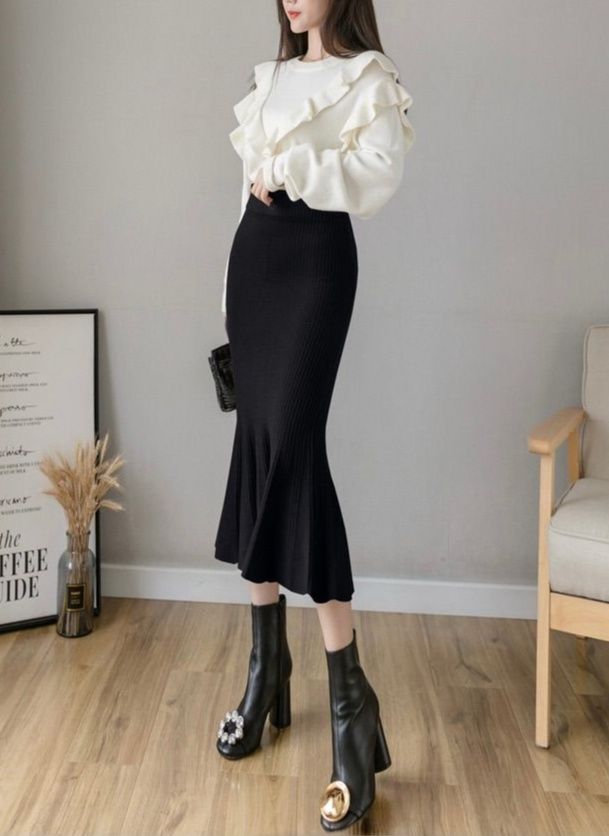 タイトスカート 裾フレアリブニットタイトスカート
