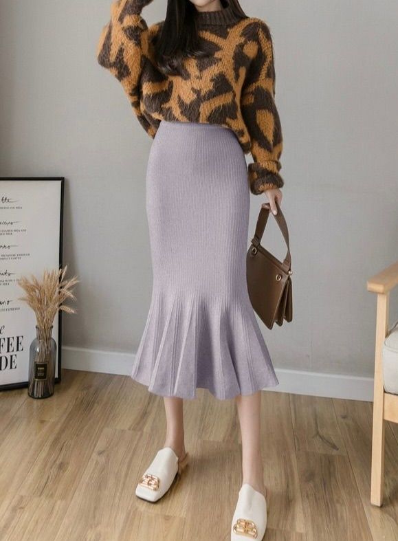 タイトスカート 裾フレアリブニットタイトスカート