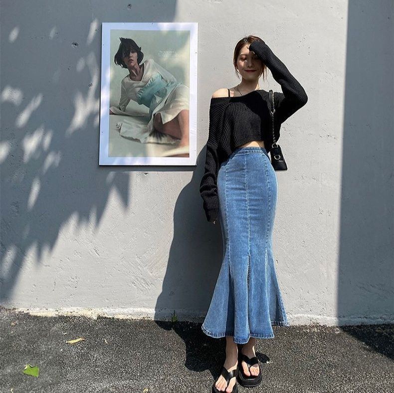 タイトスカート デニム素材マーメイドヘムタイトロングスカート