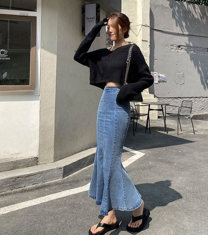 タイトスカート デニム素材マーメイドヘムタイトロングスカート