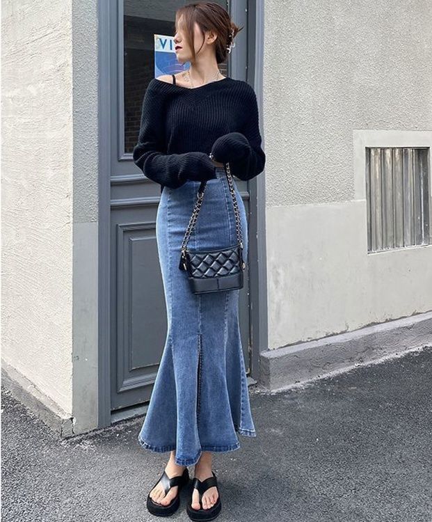 タイトスカート デニム素材マーメイドヘムタイトロングスカート