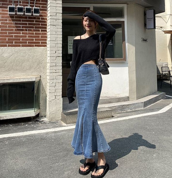 タイトスカート デニム素材マーメイドヘムタイトロングスカート