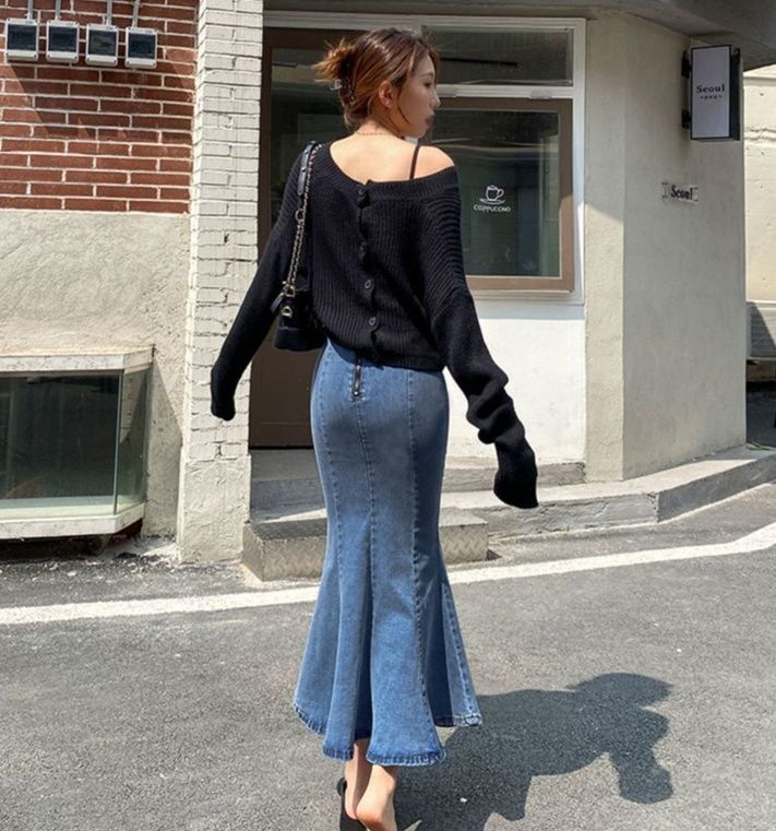 タイトスカート デニム素材マーメイドヘムタイトロングスカート