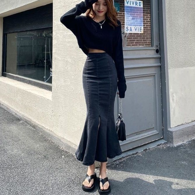 タイトスカート デニム素材マーメイドヘムタイトロングスカート