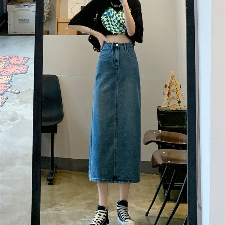 タイトスカート デニム素材サイドスリット入りロングタイトスカート