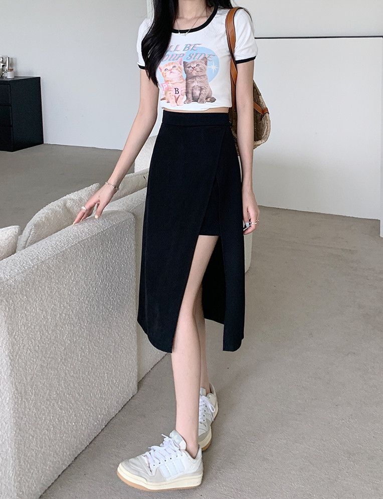 タイトスカート サイドスリット入り不規則裾丈タイトスカート