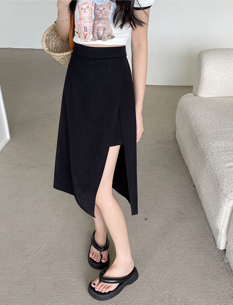 タイトスカート サイドスリット入り不規則裾丈タイトスカート