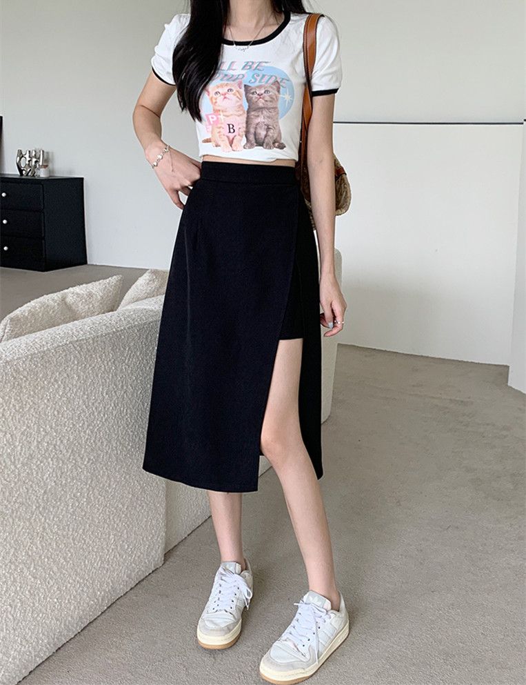 タイトスカート サイドスリット入り不規則裾丈タイトスカート