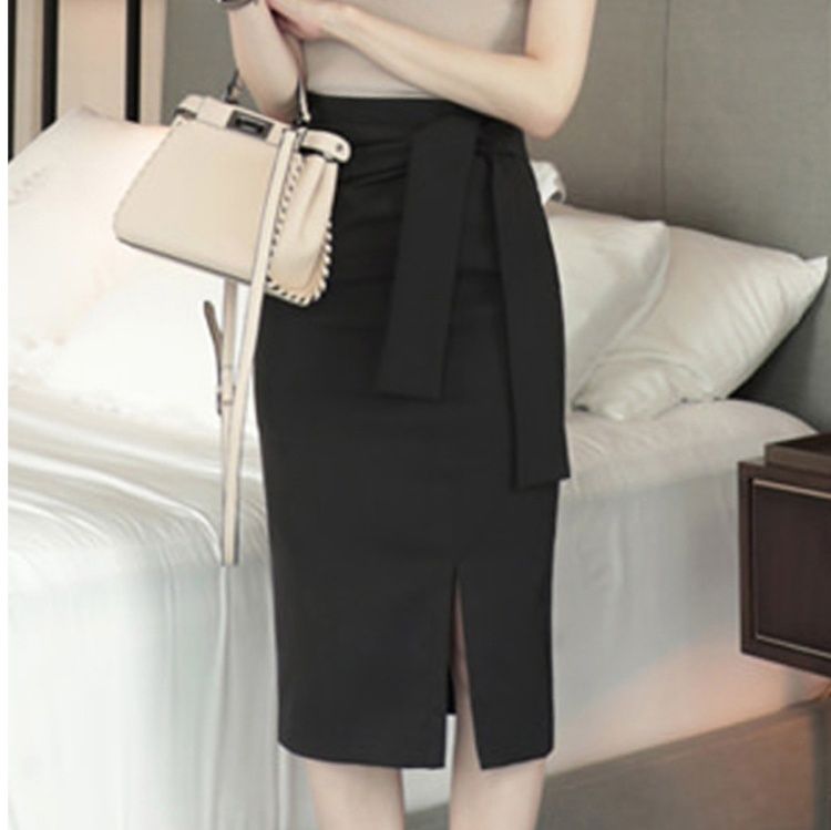 タイトスカート サイドリボン付きフロントスリットひざ丈タイトスカート