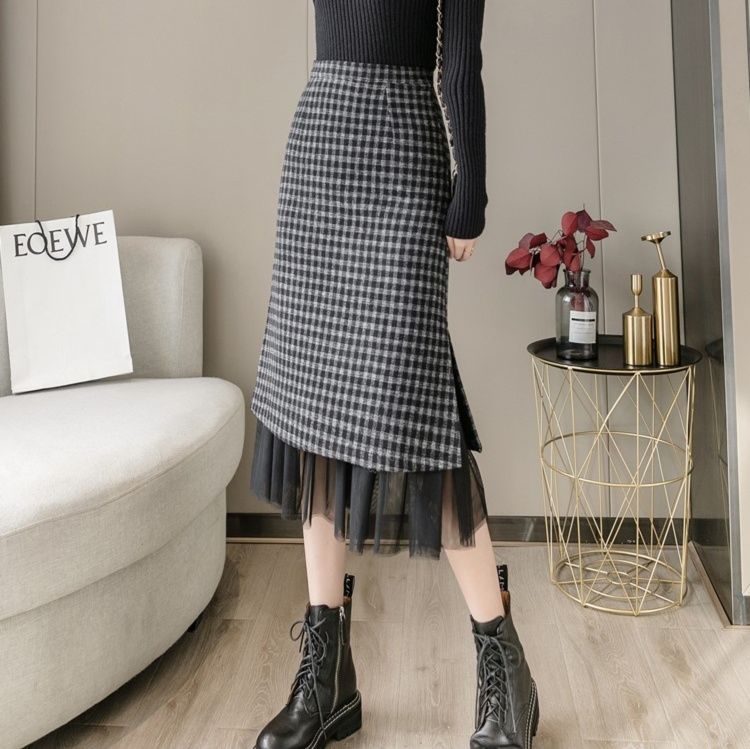 タイトスカート 千鳥格子柄チュール重ね着風ひざ丈スカート