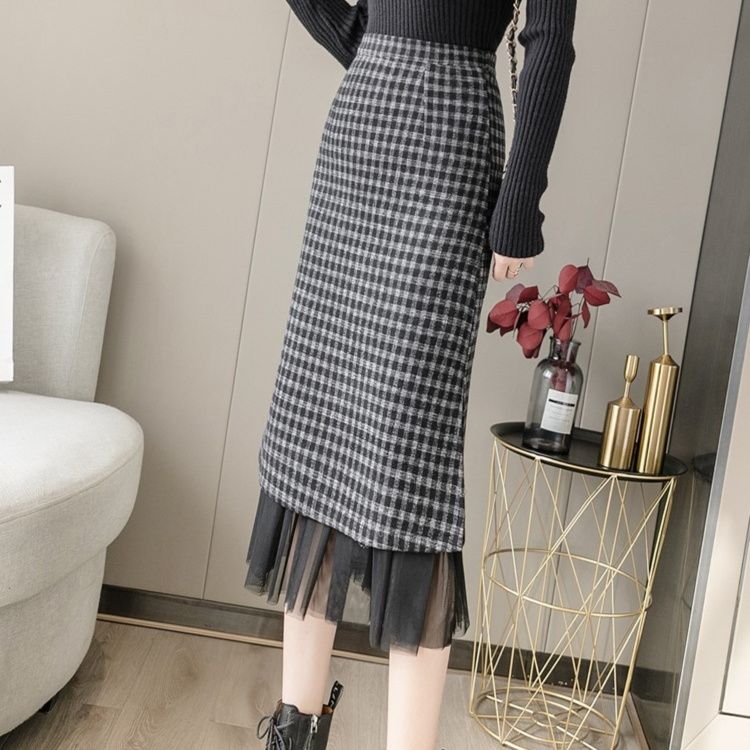 タイトスカート 千鳥格子柄チュール重ね着風ひざ丈スカート