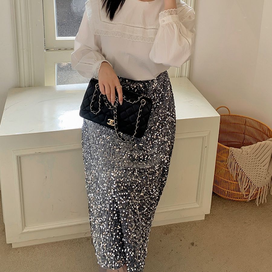 タイトスカート 全面スパンコール装飾華やかロングタイトスカート