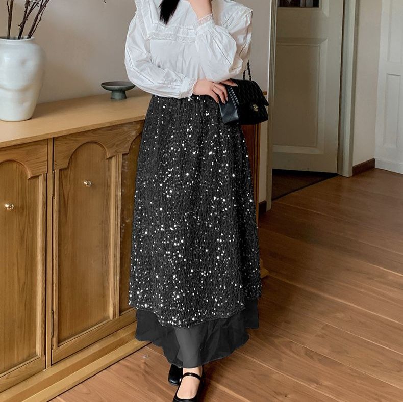 タイトスカート 全面スパンコール装飾華やかロングタイトスカート