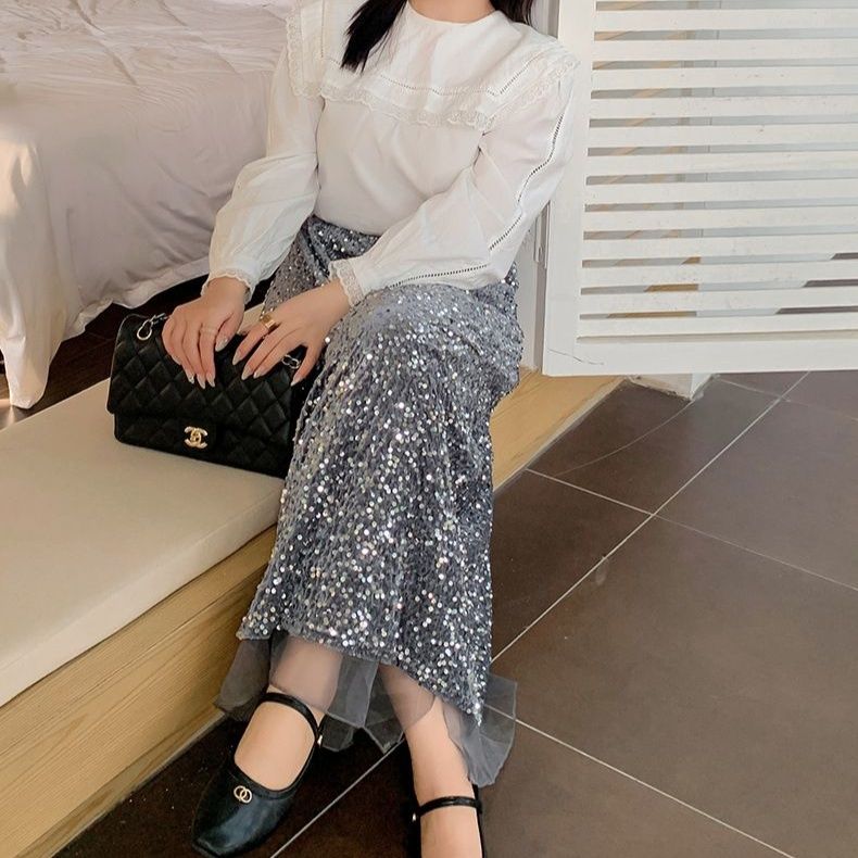 タイトスカート 全面スパンコール装飾華やかロングタイトスカート