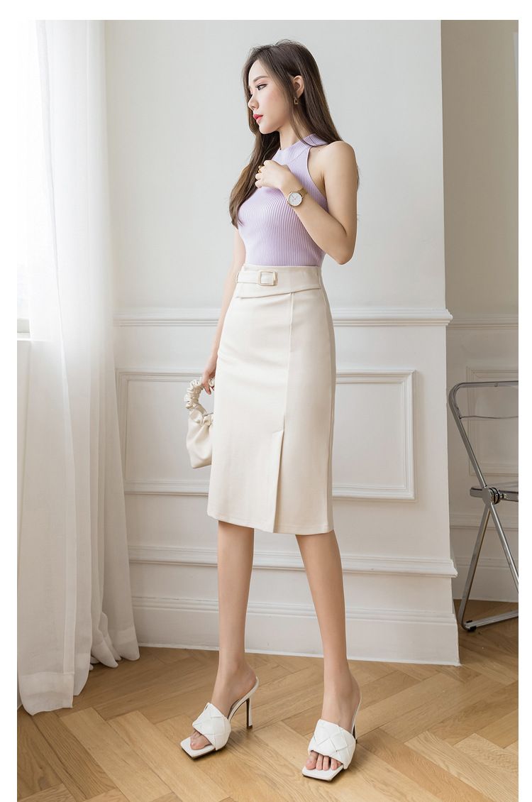 タイトスカート ベルト付きハイウエストひざ丈タイトスカート
