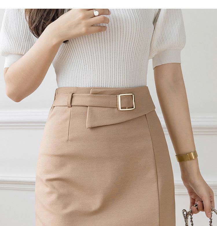 タイトスカート ベルト付きハイウエストひざ丈タイトスカート