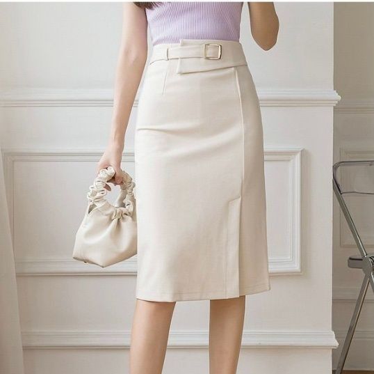 タイトスカート ベルト付きハイウエストひざ丈タイトスカート