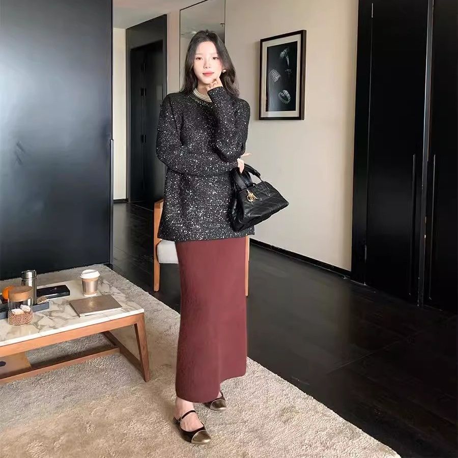 タイトスカート リブニット素材のロングタイトスカート