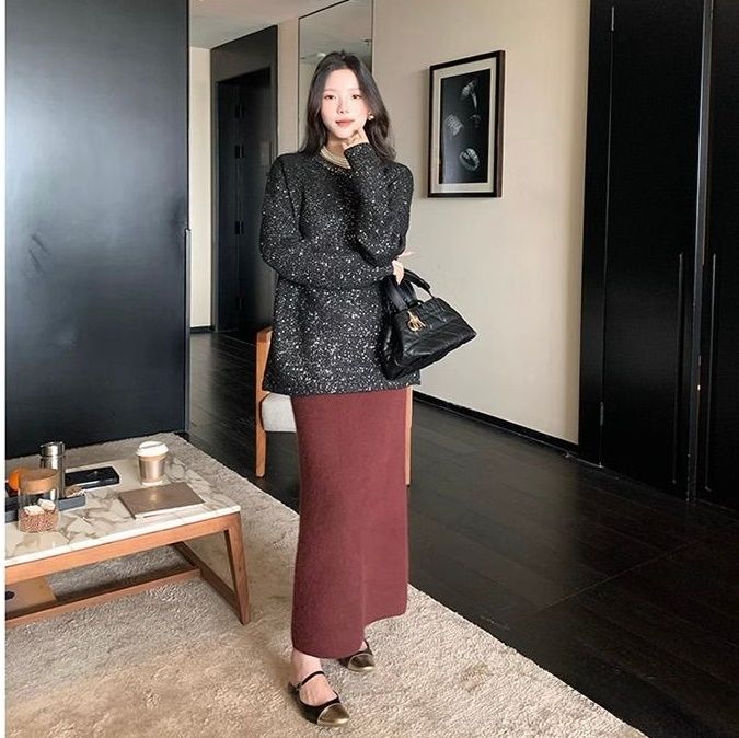 タイトスカート リブニット素材のロングタイトスカート