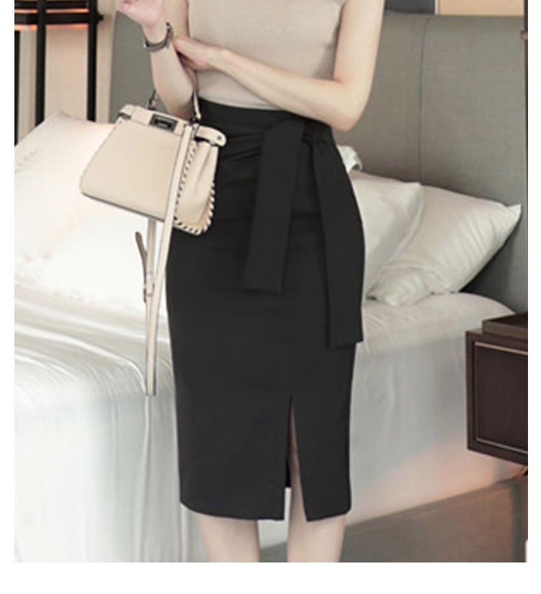 タイトスカート ウエストリボンサイドスリット入りひざ丈タイトスカート