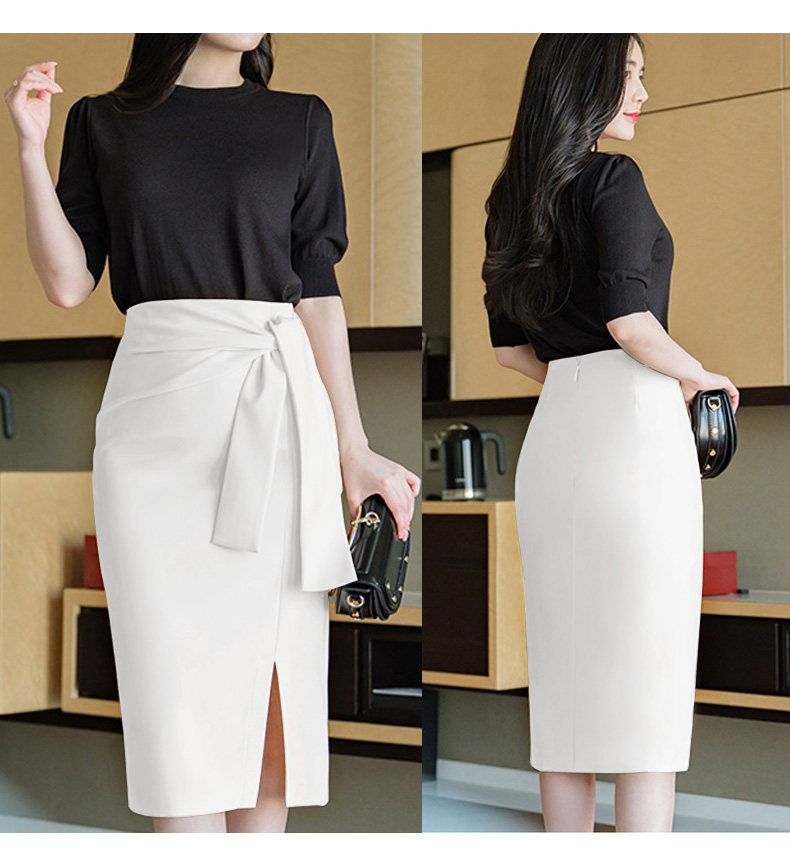 タイトスカート ウエストリボンサイドスリット入りひざ丈タイトスカート