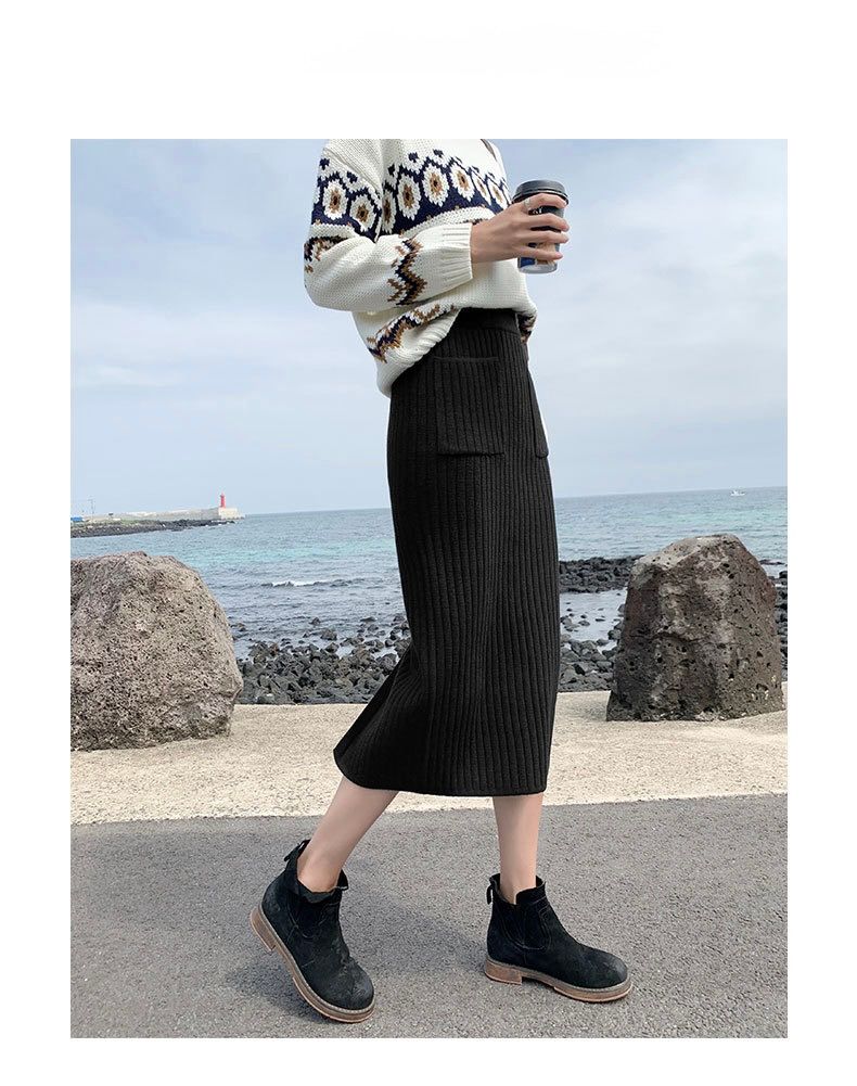 タイトスカート リブニット編みタイトスカートロング丈