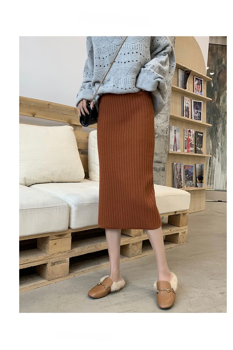タイトスカート リブニット編みタイトスカートロング丈