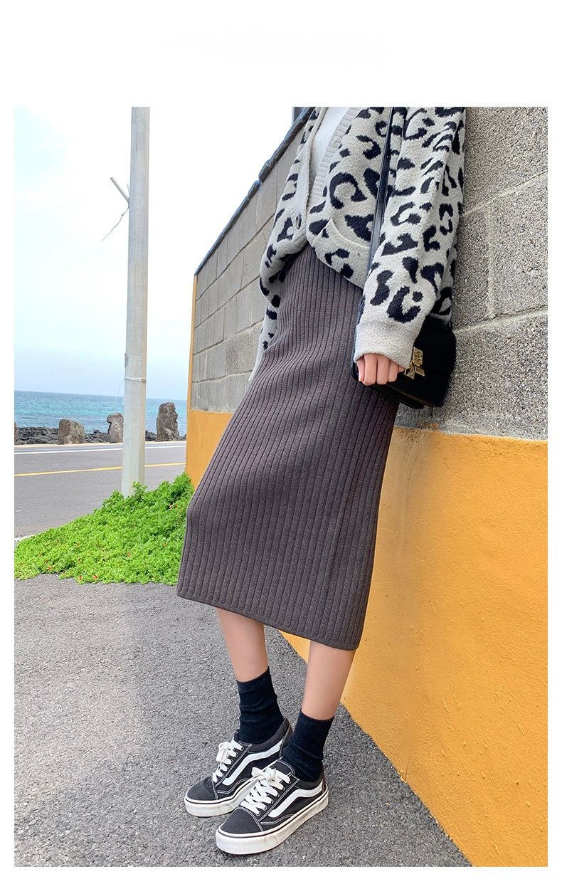 タイトスカート リブニット編みタイトスカートロング丈