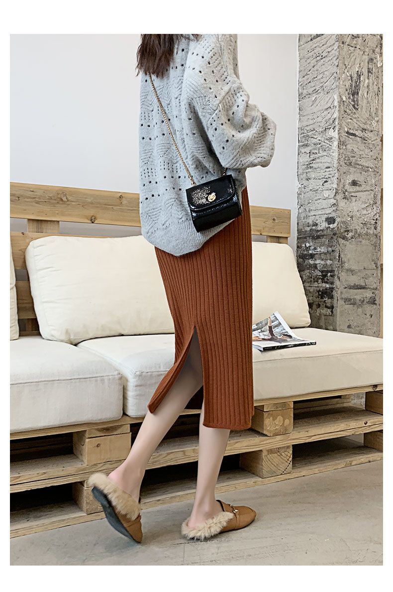 タイトスカート リブニット編みタイトスカートロング丈