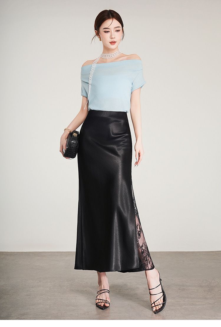 タイトスカート レザー調レース切替えタイトロングスカート