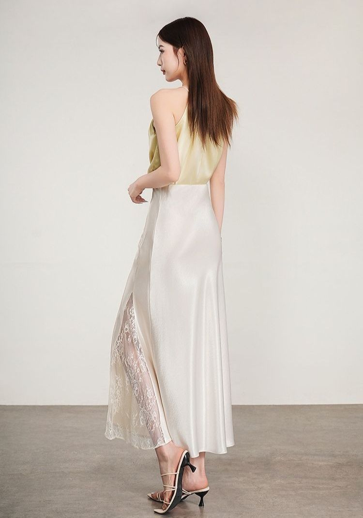 タイトスカート レザー調レース切替えタイトロングスカート