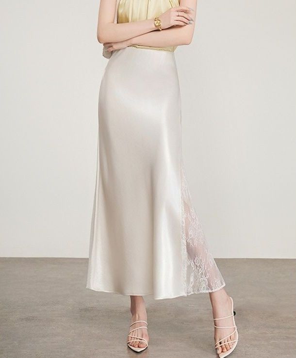 タイトスカート レザー調レース切替えタイトロングスカート