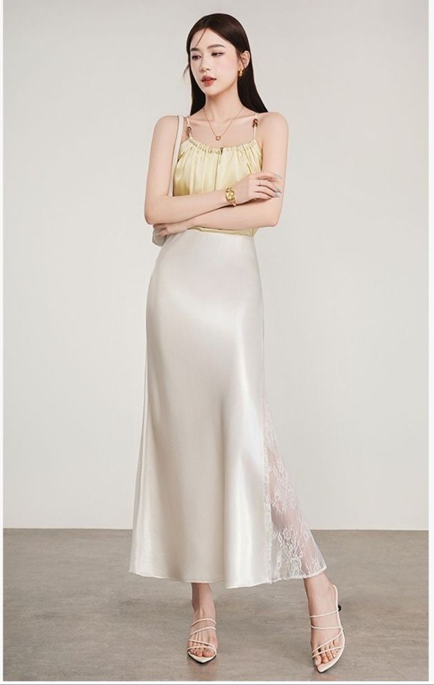 タイトスカート レザー調レース切替えタイトロングスカート