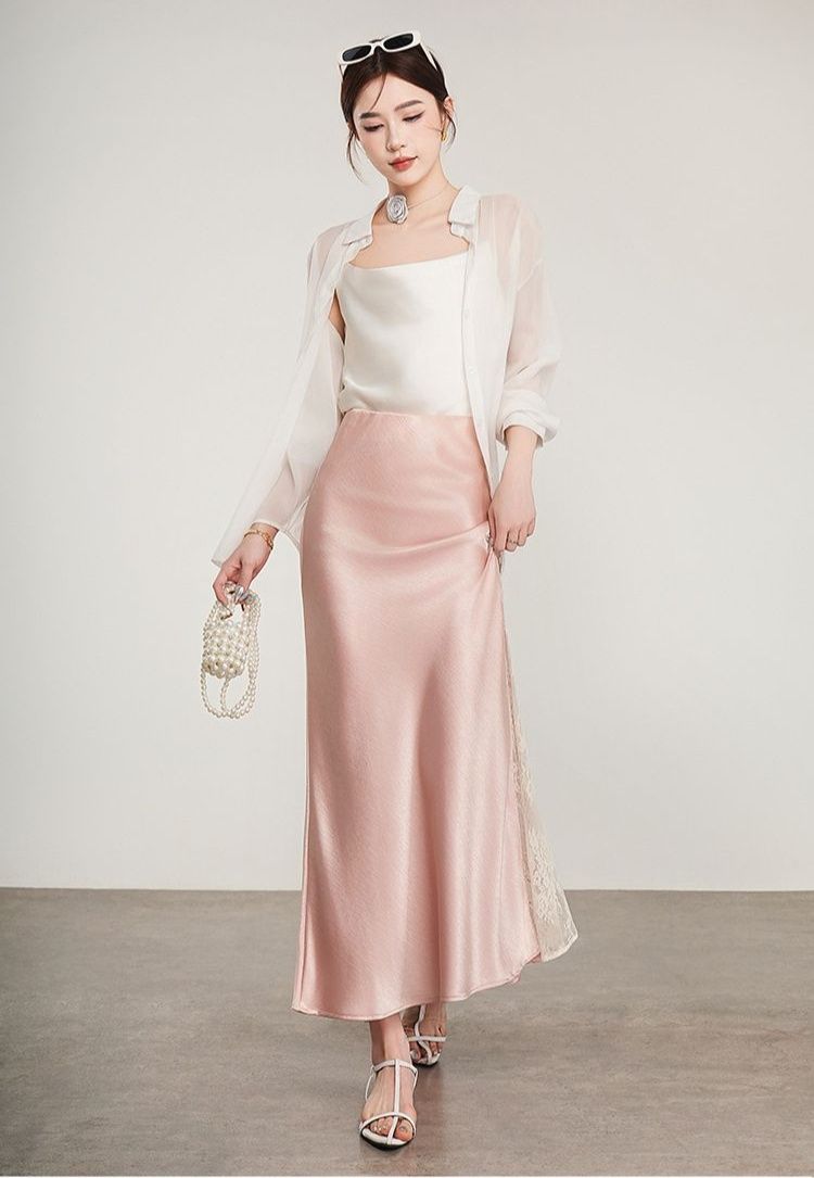 タイトスカート レザー調レース切替えタイトロングスカート