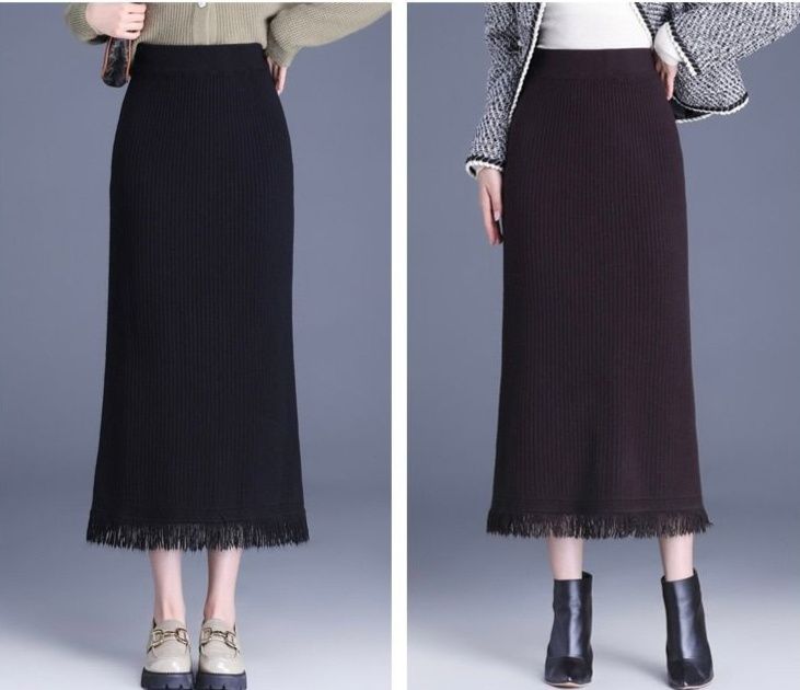 タイトスカート 縦縞編みフリンジ裾スリット入りタイトスカート