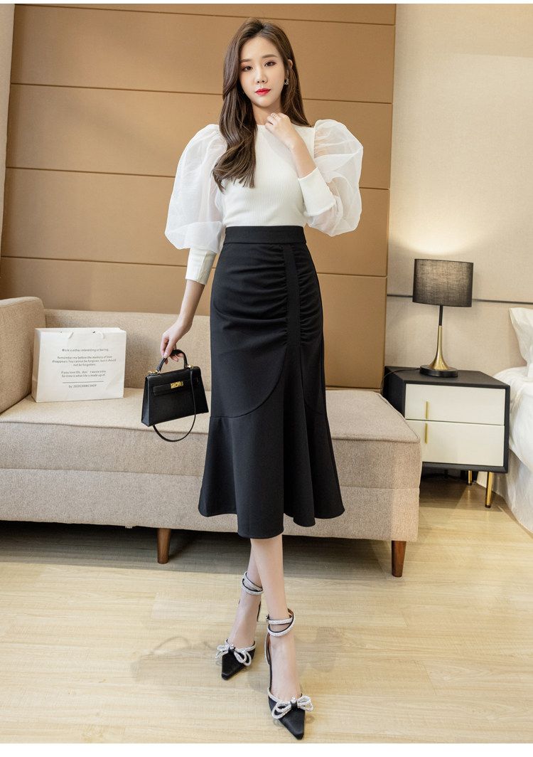 タイトスカート サイドドレープ裾フレアタイトロングスカート